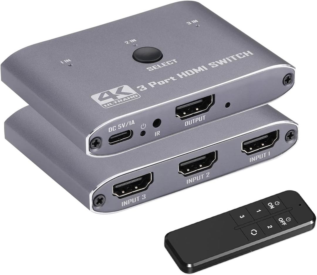 HDMI Switch 4K@60Hz, 3 Port HDMI Switch 3 in 1 Out with IR Remote Control, Support 4K, 3D, 1080P, HDMI 2.0, HDCP 2.2, Ultra HD for HDTV, PS4/5, Game Consoles etc