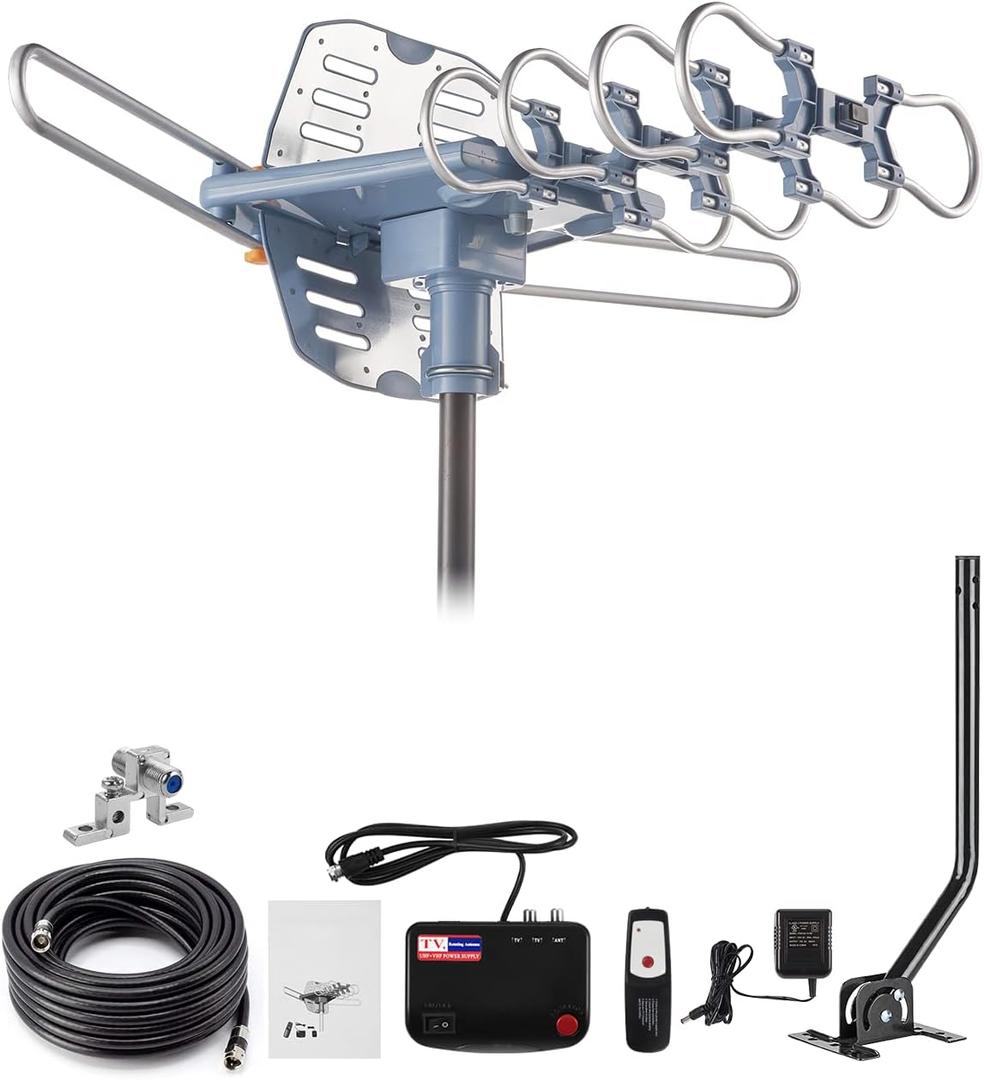 WA-2608 Digital Amplified Outdoor HD TV Antenna with Mounting Pole & 60 Ft RG6 Coax Cable,Coaxial Grounding Block,200 Miles Long Range Wireless Remote Control 360 Degree Rotation Support 2 TVs