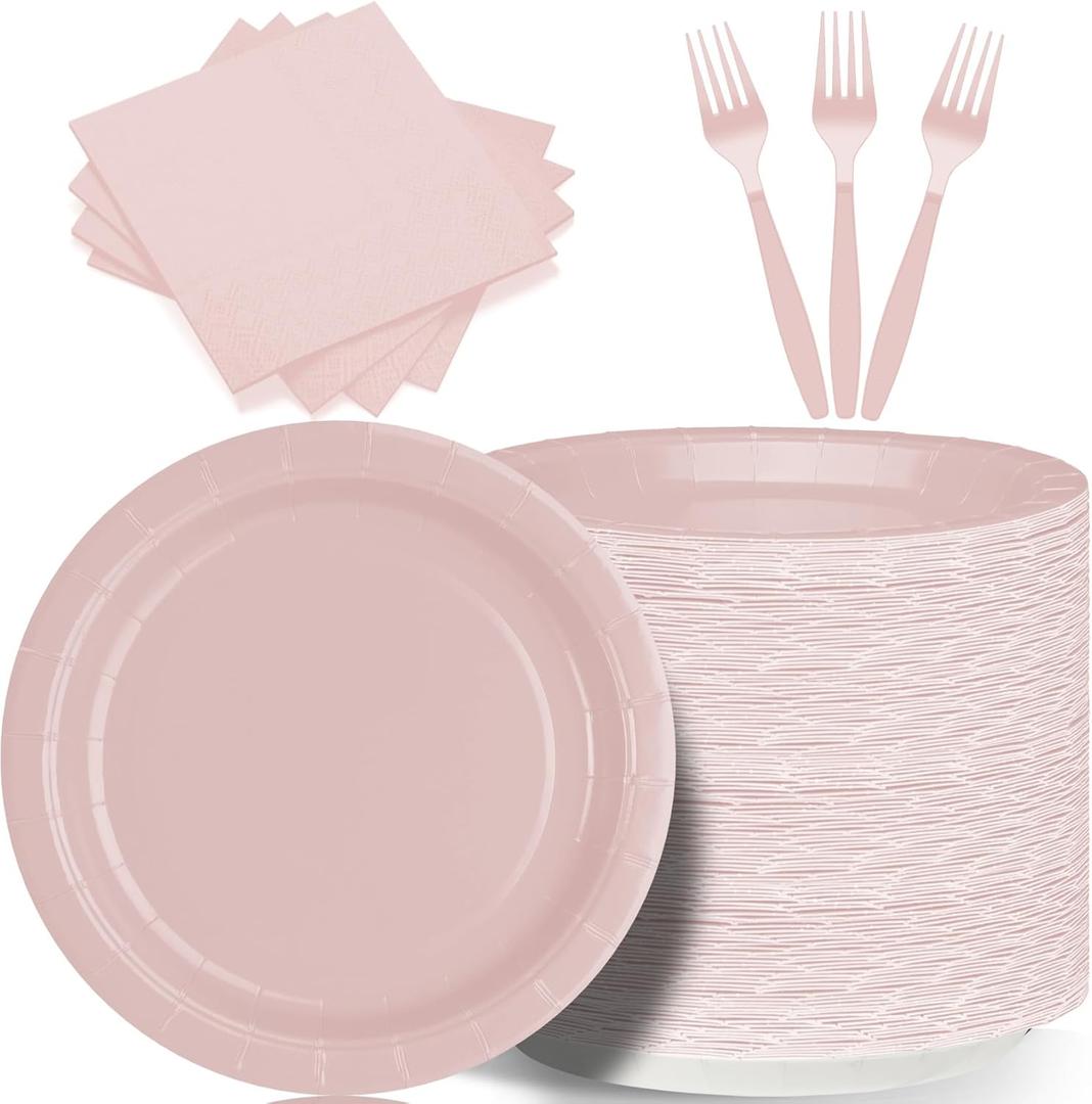CENLBJ 150 Pcs Pink Paper Plates and Napkins and Forks,50 Guest Disposable Party Supplies Include Plates Napkins Plastic Forks for Baby Shower,Birthday,Bridal,Wedding
