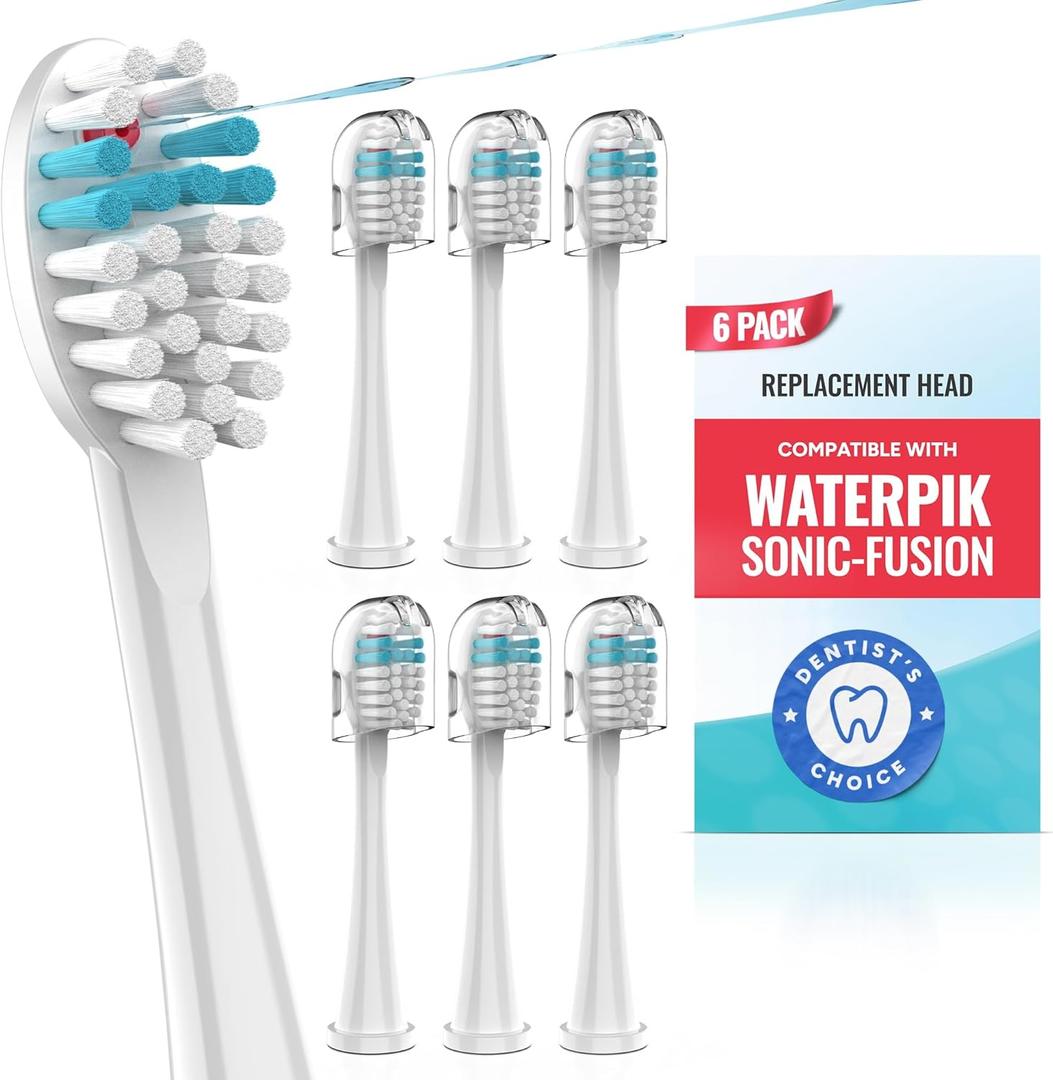 Toothbrush Replacement Heads Compatible with Waterpik Sonic Fusion 2.0 & Flossing Toothbrush SF01/SF02/SF03/SF04, Replacement Heads with Dupont Nylon & Color Fade Bristles - 6 Pack (White)