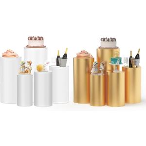Set of 5 Frosted Cylinder Pedestal Stand with Covers, Acrylic Cylinder Stands, Cake Pedestal Display Plinth Pillars and Cover Set for Party Wedding Birthday Baby Shower Event Decor Display (White)