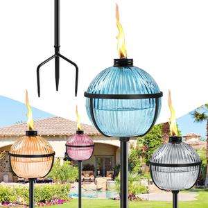 Citronella Torches Set of 4, 16 oz Glass Garden Torches for Outside, 3-Prong Grounded Stake Outdoor Torches, 58.6 inch Outdoor Torch for Yard, Patio, Deck, Party (Garden Torches 4PCs(Blue&Gold&Grey&Red))