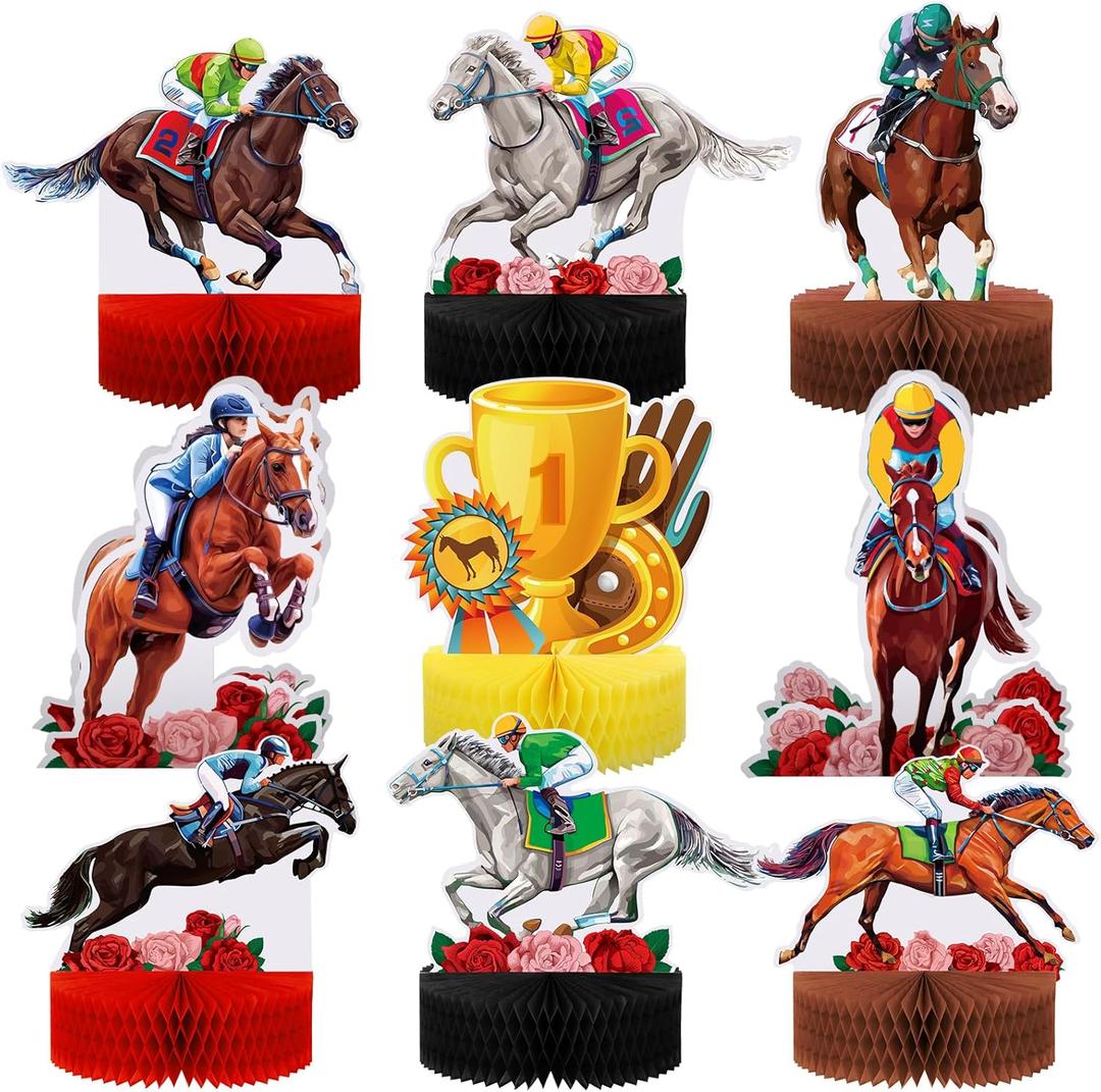 9 Pcs Kentucky Horsing Racing Derby Decorations Horse Racing Honeycomb Centerpieces 3D Horse Birthday Party Supplies Baby Shower Derby Plates Table Decoration