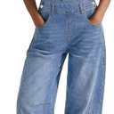 luvamia Denim Overalls for Women Barrel Leg Baggy Loose Fit Bib Stretchy Jean Jumpsuit Adjustable Strap Casual Overall (Medium, Medium Blue)