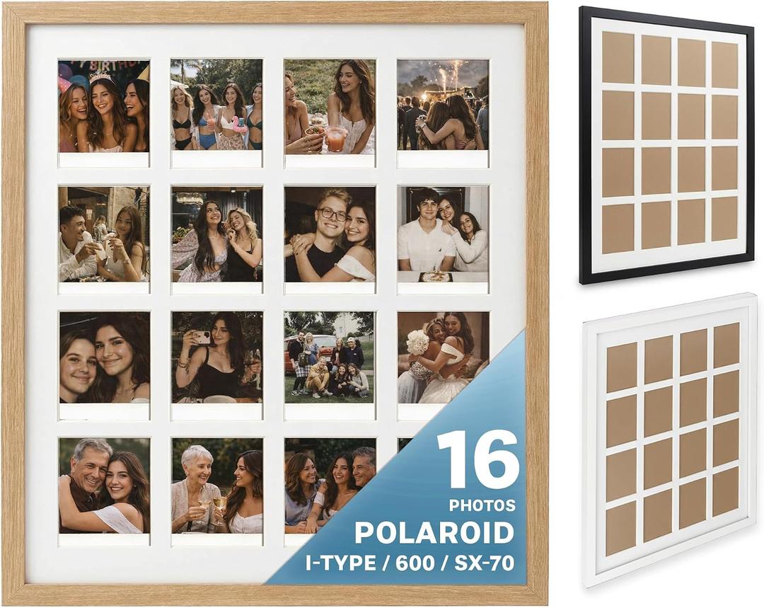Tapeera Wood Multi Picture Frame Collage Wall Decor For Polaroid i-Type 600 Film -16 Openings Large Photo Collage Frame For Wall Mini Picture Wall Frame - Not Compatible with Fujifilm Instax Mini Film
