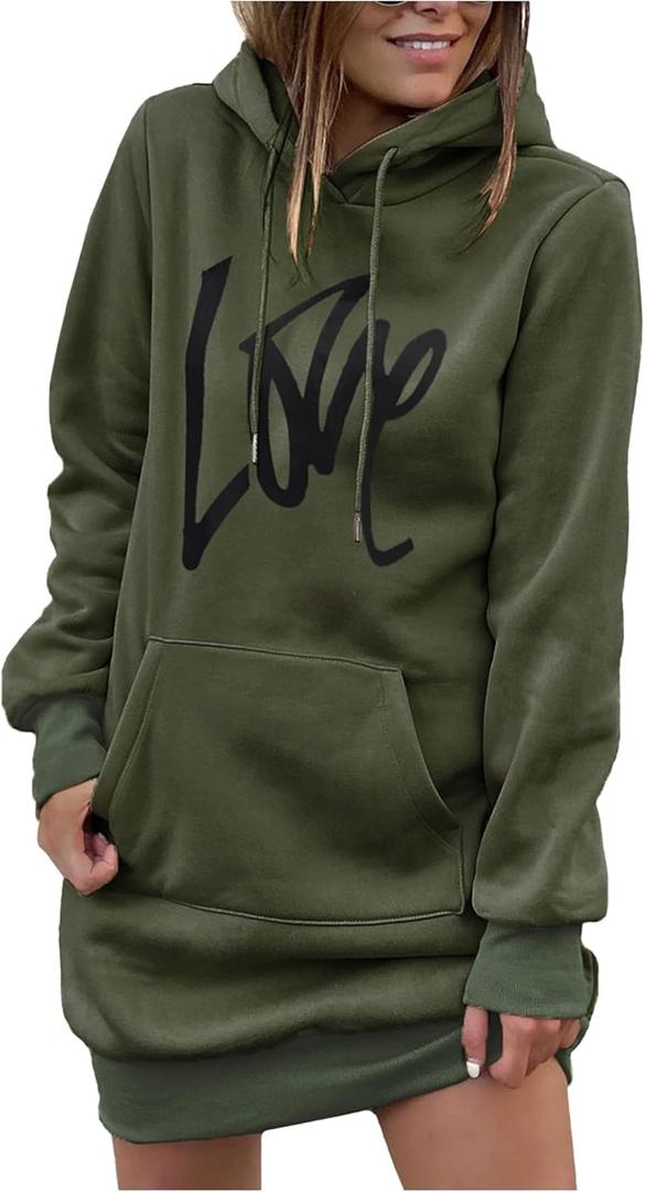 PRETTYGARDEN Women's Hooded Sweatshirt Fall Fashion Drawstring Lightweight Long Sleeve Pullover Hoodie Dress (Green)