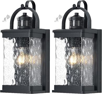 14.7in Motion Sensor Wall Light Outdoor Aluminum Dusk to Dawn Exterior Lighting Fixtures Wall Mount Black Porch Outdoor Lights Wall Sconce with Seeded Glass for Garage, Garden, 2 Pack