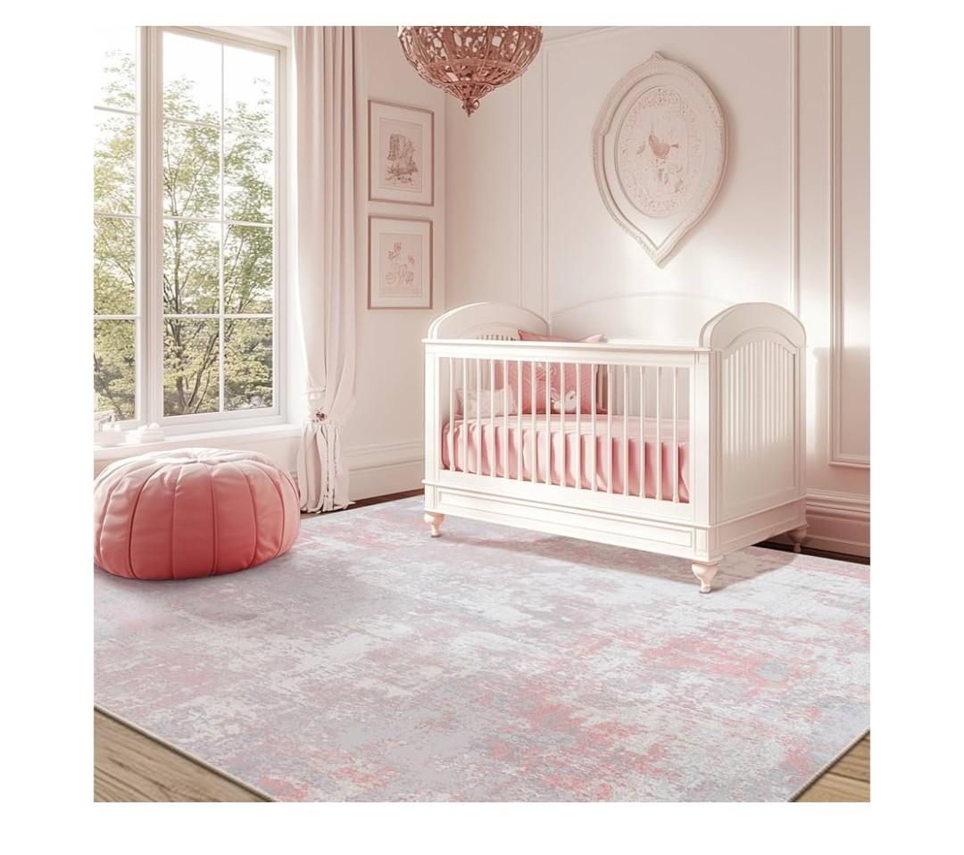 Washable Area Rugs 6'x9' Non-Slip Modern Abstract Soft for Living Room Entryway Bedroom Nursery, Print Pattern, Grey Pink 6×9