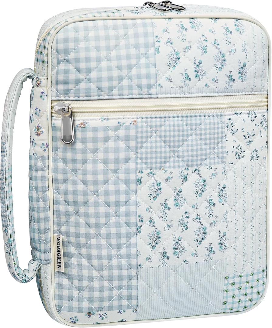 WOBAGMEN Bible Cover Case for Women,Large Bible Tote Bags Organizer Quilted Carrying Case for Girls,Bible Study Supplies Accessories Christian Gifts for Women (GreenBlue Pin, M)