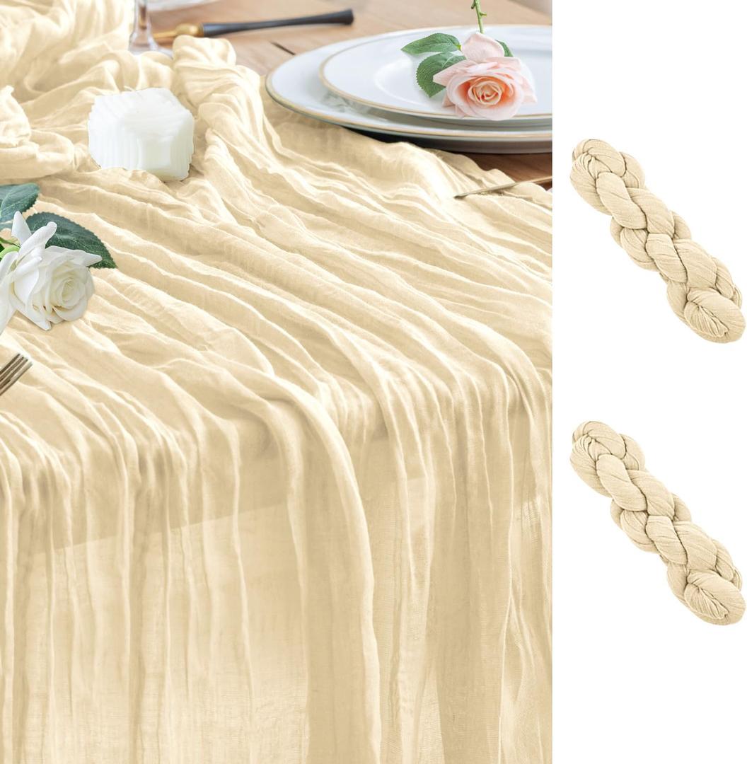 Wokceer Cheesecloth Table Runner 2 Pack 10FT Beige Boho Gauze Christmas Cheese Cloth Table Runner for Party Long Rustic Sheer Table Runners for Baby Bridal Shower Wedding Easter Table Decor