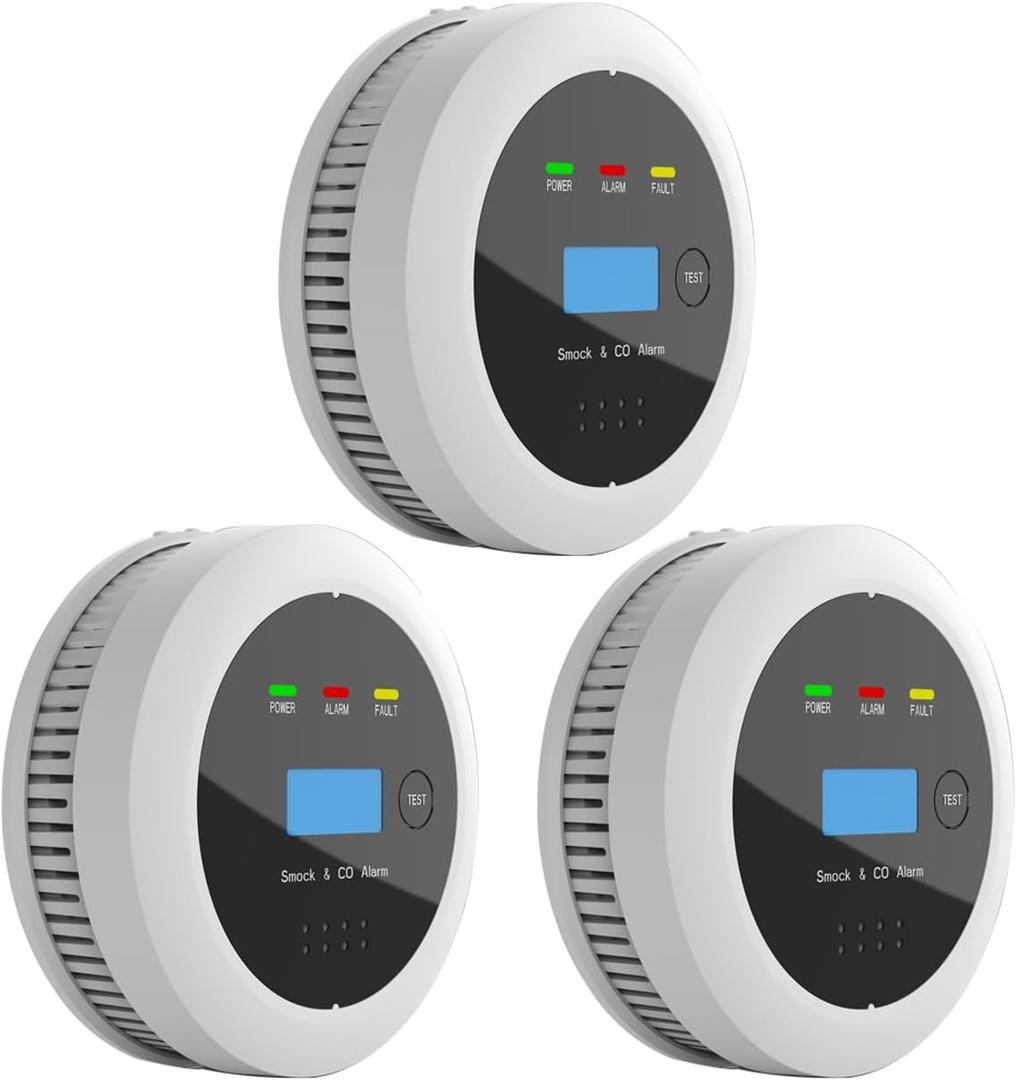 3-Pack Smoke and Carbon Monoxide Detector Combo, 2-in-1 Dual Sensor CO & Smoke Alarm, Battery Operated Carbon Monoxide Detectors with LCD Display for Home, Easy to Install