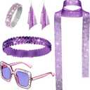 Sasylvia 5 Pcs 70s Disco Accessories Halloween Women Costume Jewelry Sequin Scarf Earrings Sunglasses Bracelet Headband (Purple)