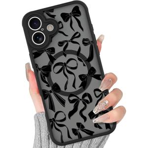 BITOBE Case for iPhone 16 [Compatible with MagSafe] Cute Ribbon Bow Pattern for Women Girls Soft TPU Bumper Translucent Magnetic Slim Protective Cover - Black Bows