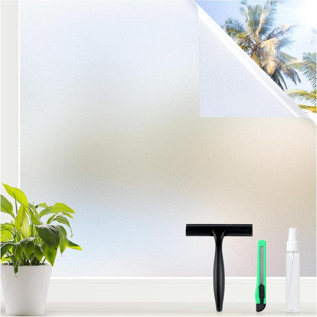 rabbitgoo Window Privacy Film for Glass Windows with Kit Decorative Clings UV Blocking Heat Control Static Cling Removable Bathroom Bedroom Door Home Coverings Pure, 35.4 x 118.1 inches