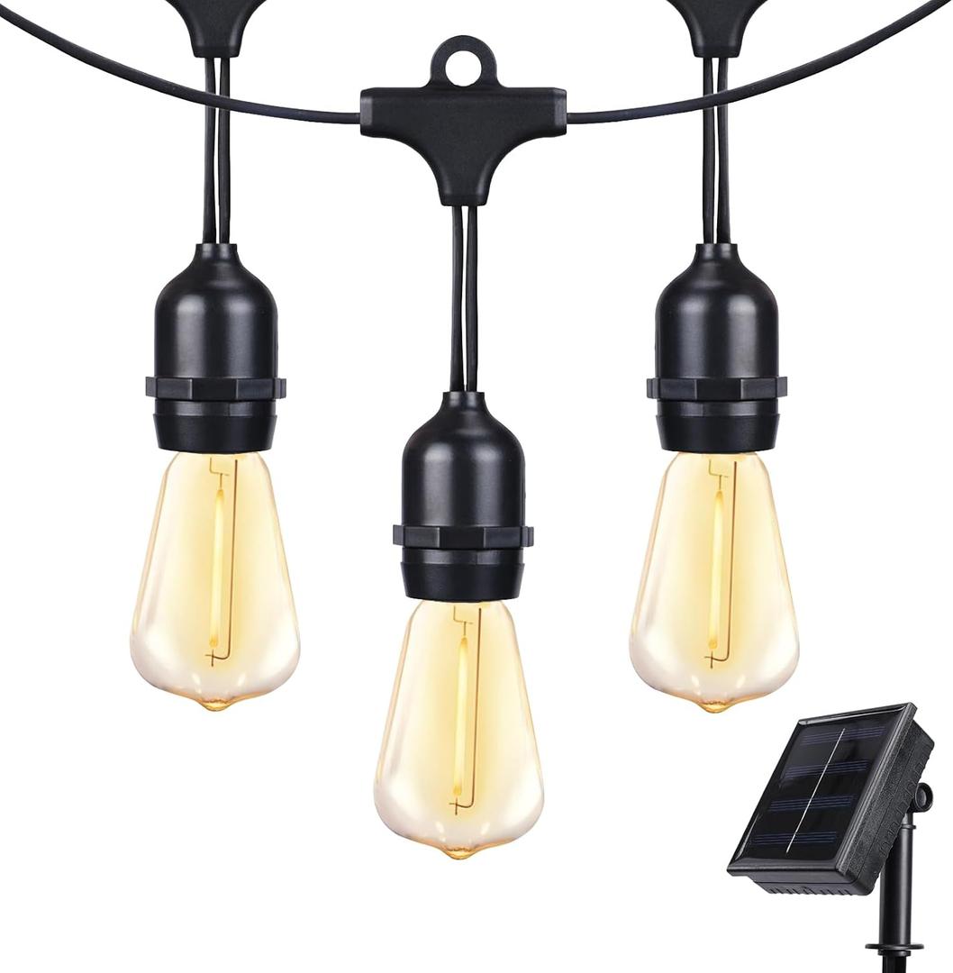 Afirst Solar Outdoor String Lights 24FT with 15 LED Bulbs 2700K Weatherproof Satterproof Patio Lights for Garden Backyard Umbrella Lighting