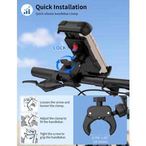 Bike Phone Holder, Motorcycle Phone Mount, [Camera Friendly] [Quick Install] [Double Locked]Clip for Scooter, 360 Rotate Cell Phone Clamp for iPhone 16 15 Pro Max/14/13, Galaxy and More 4.7-7" Phone (Black)