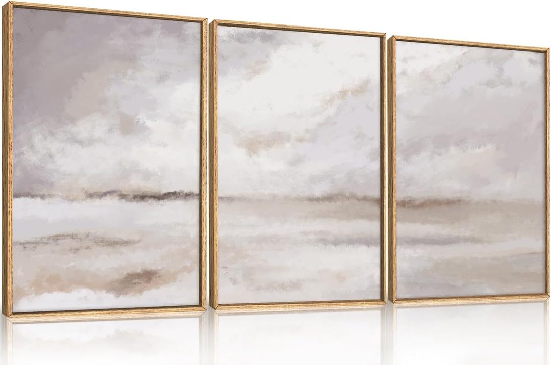 Large Neutral Abstract Framed Canvas Wall Art Set,Minimalist Gray and Beige Pastel Wall Decor,Modern Nature Misty Textured Art Painting for Living Room,Bedroom-16 x24 x3