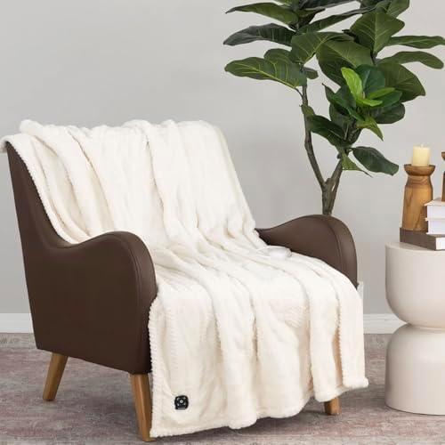 Life Heated Throw - 80 in X 60 in Electric Blanket - EZ Touch Button - 4 Heat Settings - Machine Washable - Extra Long Cord - Reversable White Luxe Faux Fur to Color - Cream