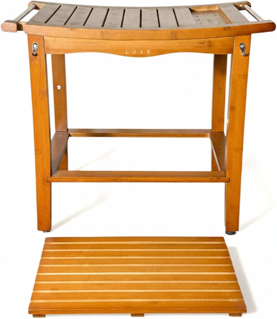 TheLuxe 2-in-1 Teak Shower Bench with Removable Mat, Storage Shelf and Mat - with Stainless Steel Handles, Built-in Storage Box & Dual Hooks - Bathroom Bench Set