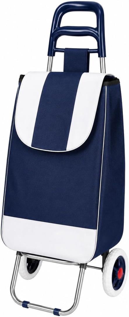 Rolling Shopping Cart with Wheels, Foldable Grocery Trolley Bag, Navy