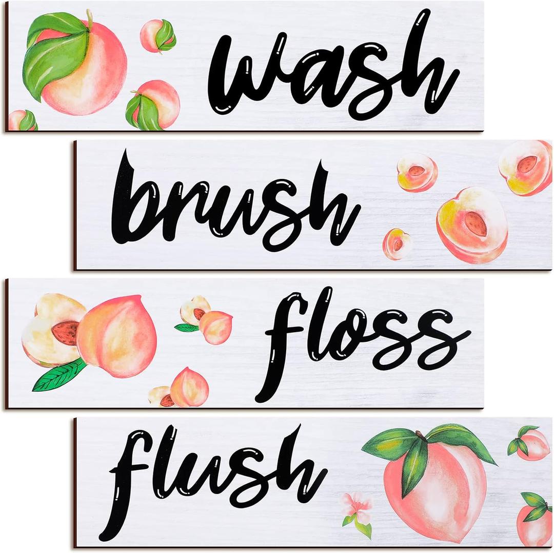 Yookeer 4 Pcs Peach Bathroom Wall Decor, Wooden Peach Bathroom Decor Rustic Wash Brush Floss Flush Hanging Letter Art Farmhouse Wood Hanging Signs for Laundry Room(11.8 x 3.5 Inch)