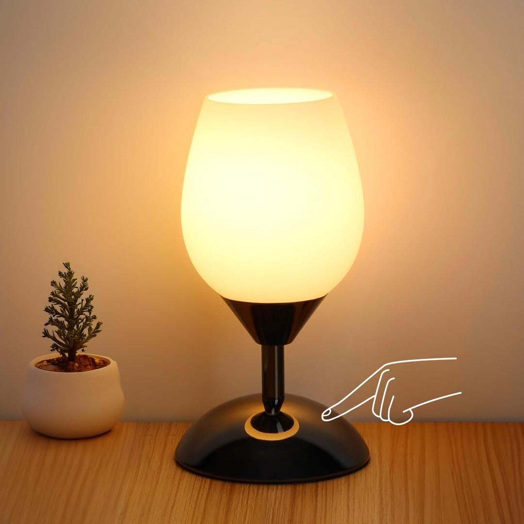 Boncoo Touch Control Table Lamp Dimmable Small Lamp, Ambient Light with Opal Glass Shade Simple Night Light, Modern Accent Lamp Bedside Nightstand Lamp for Bedroom Living Room, E12 Bulb Included (Black)
