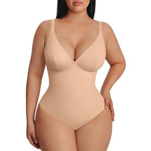 FeelinGirl Shapewear Bodysuits for Women Tummy Control Body Suits Deep V Neck Thong Body Shaper, Small