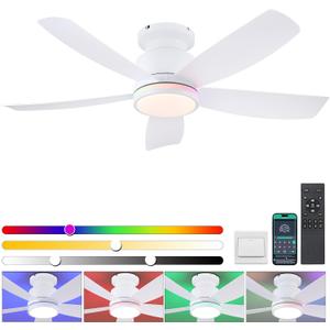 Ceiling Fans with Lights and Remote/APP Control, 41" Low Profile Ceiling Fan with Dimmable White Lights+RGB Ring Lights, 5 Reversible Curved Blades 3 CCT 6 Speeds for Bedroom Living Room, White