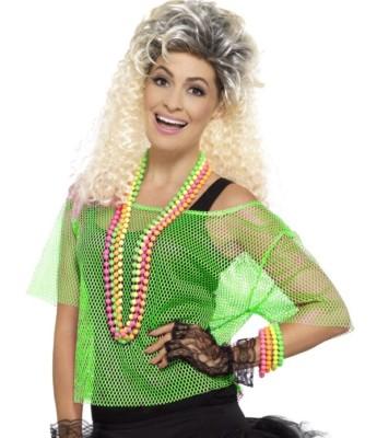 Ladies 80s 80's 1980s Fancy Dress Mesh Top Fishnet Net Green T Shirt by Smiffys, Size M/L