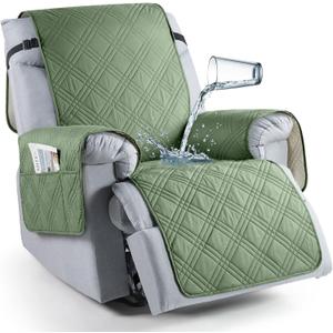 TAOCOCO Waterproof Recliner Chair Cover, Non Slip Oversized Recliner Covers for Recliner Chair with Pocket, Reclining Chair Cover Furniture Protector for Kids, Dogs(28'', Bean Green)