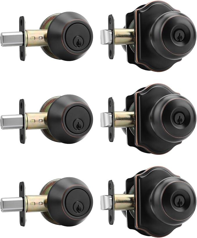 Haidms Exterior Deadbolt and Keyed Entry Bronze Door Knob Set, KeyedDifferent Entry Front Door Knobs, Deadbolt Oil Rubbed Bronze Doorknob with Lock and Key(3 Pack)