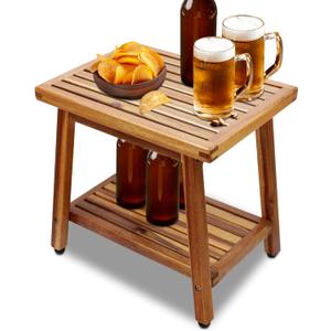 ENKEZI Small Acacia 16 Inches Outdoor Side Table, 2-Tier Sturdy Patio, End Table Weather Resistant, Strong Stability Side Table for Patio, Pool, Porch, Teak Finish (Small)