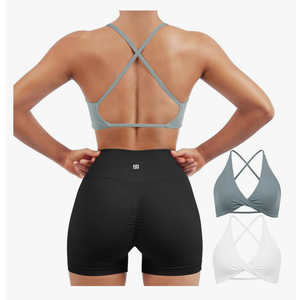SUUKSESS Women 2 Piece Open Back Strappy Sports Bra Pack Twist V Neck Workout Crops M