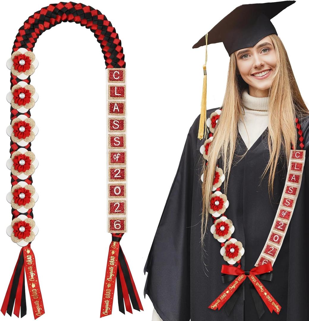 Suncalla 59'' Graduation Money Lei Class of 2026 Ribbon Lei Double Braided DIY with 6 Glitter Satin Flowers Congrats Graduates Cash Gifts Class of 2026 Gift for Men Women(Black Red)