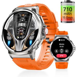 Smart Watch for Men, 1.85" Big Screen, 710mAh, IP67 Waterproof, with Bluetooth Call/Heart Rate/Pedometer/100+ Sports Modes Fitness Tracker Outdoor Sports Watch for Android iPhones (Orange)