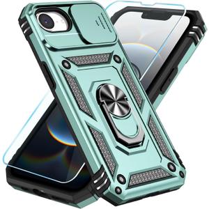 SunStory Compatible with iPhone 16e Case & iPhone 17e Case with HD Screen Protector & Slide Camera Cover & Rotated Ring Kickstand, [Military-Grade] Phone Case for iPhone 16e/17e, Green