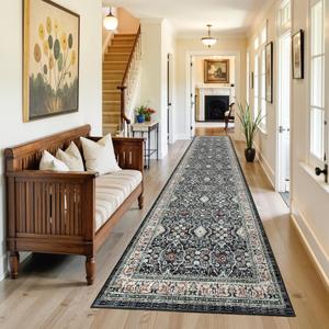3x12 Washable Hallway Runner Rug: Oriental Long Ultra Soft Runners for Entryway Kitchen Thin Stain Resistant Low Pile 12ft Carpet for Living Room Bedroom Non Slip Bathroom Floor Mat(Black/Green,3x12)
