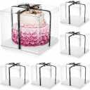 6 Pack Large Clear Cake Box with Ribbon, Tall Cake Box Carrier 12x12x10 Inch, Tiered Transparent Cake Packaging Boxes with Lid and Board, PET Clear Gift Containers for Birthday Wedding Party