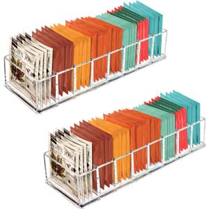 Tasybox Tea Bag Organizer, Clear Acrylic Tea Bag Holder, Tea Packet Storage for Drawer, Pantry, Kitchen, Cabinet, Countertop, 2 Pack