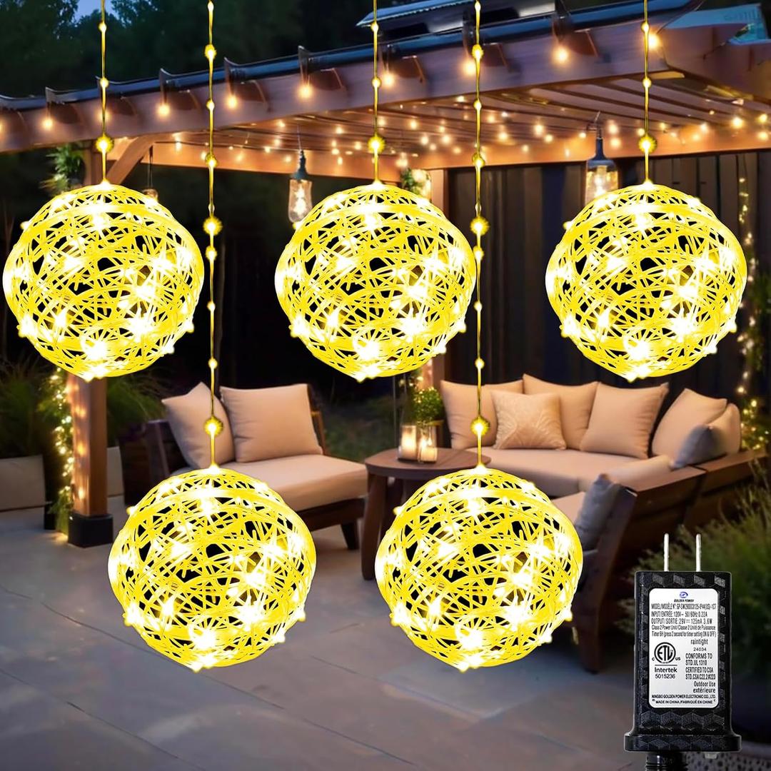WISEgham Christmas Ball Lights - 200LED Outdoor Tree Globe String Lights, 8 Modes Waterproof Sphere Lantern Lights, Christmas Decor for Tree Garden Porch (Warm White, 5pack) (7.1in - 5pc - plug in)