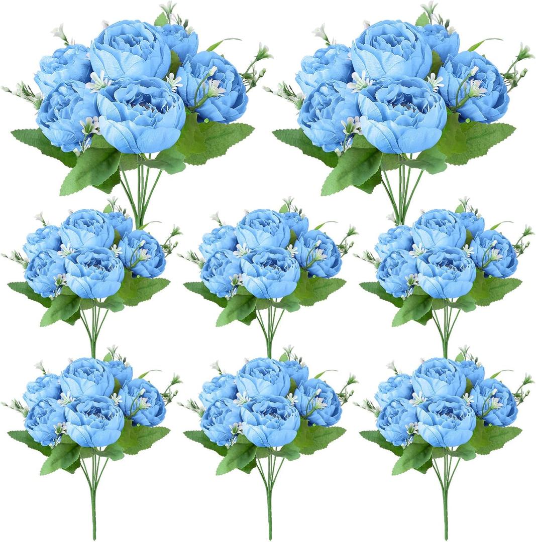 8 Pack Blue Peonies Artificial Flowers, Fake Silk Hydrangea Bouquet for Bridal Wedding Home Table Decor Reusable Dining Opening Ceremony Birthday Arrangement Faux Floral