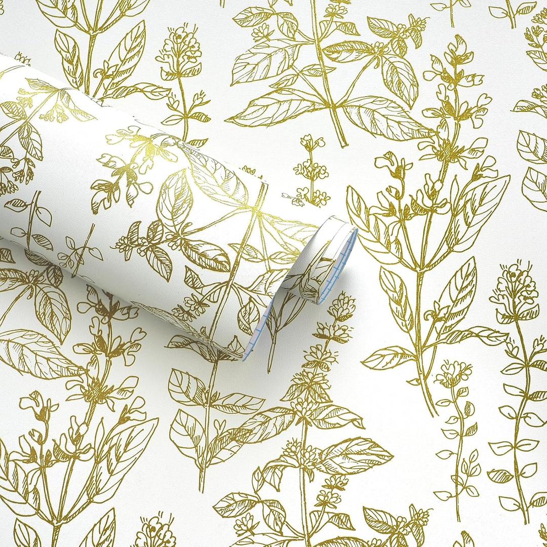 Kitico Peel and Stick Wallpaper White and Gold Wallpaper Boho Contact Paper Floral Wall Paper Self Adhesive Removable for Walls Bedroom Home Decoration Vinyl Roll 17.3''x78.7''