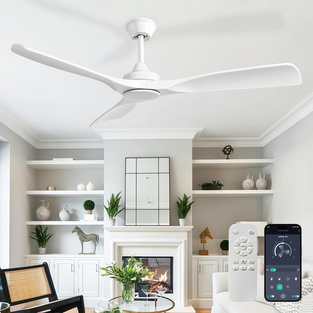 Depuley Ceiling Fan Without Light: 52 Inch 3 Blade Outdoor Fans for Patios - White Ceiling Fan No Light Indoor Remote Control Ultra Quiet DC Motor Reversible 6 Speed Timer