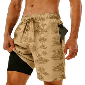 Men's Swim Trunks with Compression Liner, Quick Dry Hawaiian Swimwear Bathing Suit Drawstring Board Shorts (L, Khaki Coconut Tree)