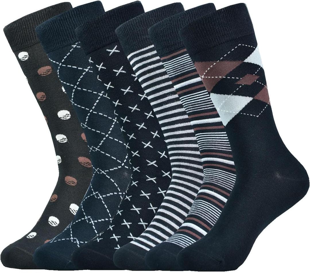 Mens Dress Socks Business Casual Pattern，6-Pairs Bamboo Crew Sock for Men Shoe Size 8-13 (Black, M)