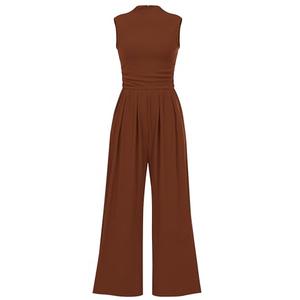 PRETTYGARDEN Womens Summer Jumpsuits Dressy Casual One Piece Outfits Sleeveless Mock Neck Wide Leg Pants Rompers with Pockets (Brown,Small)