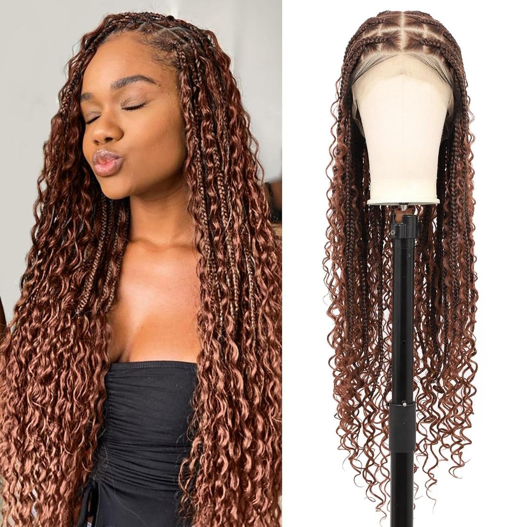 360 HD Full Lace Boho Knotless Braided Wigs for Women Box Braid Wig with Baby Hair Premium Synthetic Braided Lace Front Wigs 36 Inch Brown