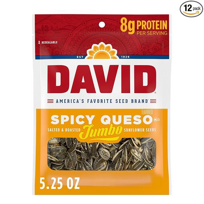 DAVID Roasted and Salted Spicy Queso Jumbo Sunflower Seeds, Keto Friendly, 5.25 oz, 12 Pack (Best Before Nov. 16, 2026)