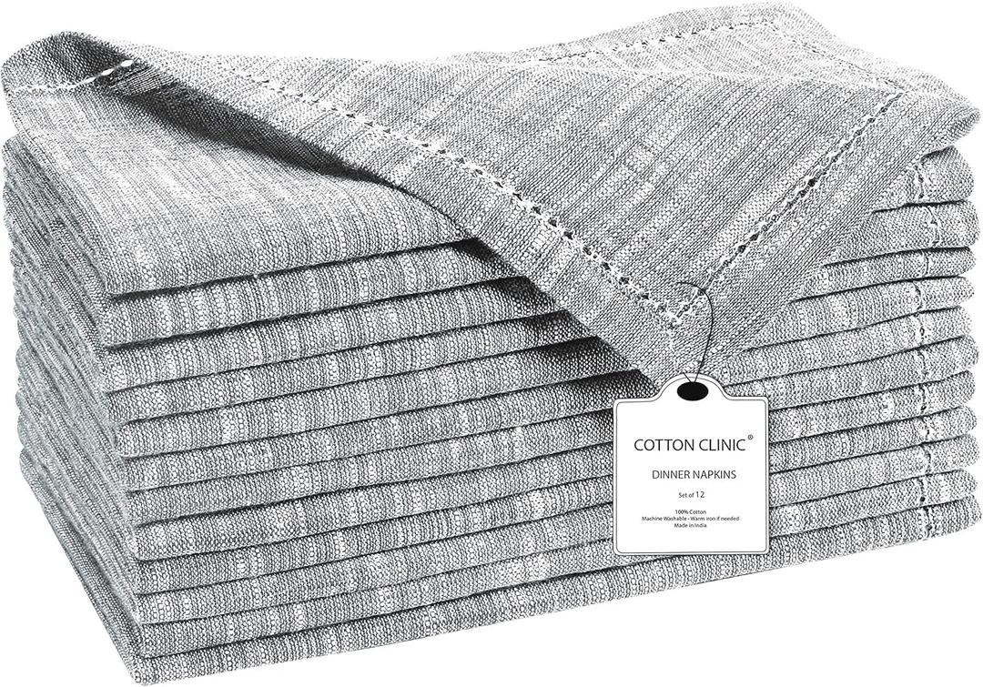 Cotton Clinic 12 Pack Farmhouse Style Slub Textured 18x18 Cloth Dinner Napkins, 100% Cotton for Everyday Use and Events - Soft and Durable Cocktail Napkins, Wedding Dinner Napkins, Grey (Gray)