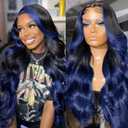 Ombre Blue Lace Front Wigs Human Hair Body Wave 1B/Blue Highlight Blue Skunk Stripe Wig Glueless 13x4 HD Lace Frontal Wig Pre Plucked With Baby Hair 150% Density 22 Inch Dark Blue Human Hair Wigs